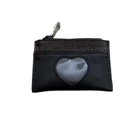 Brighton Accessories - Brighton Black Leather Brown Trim Heart Coin Purse Wallet Zip Pouch